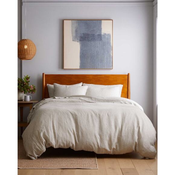 Quince European Gray White Linen Stripe California King Duvet Cover - Picture 1 of 6
